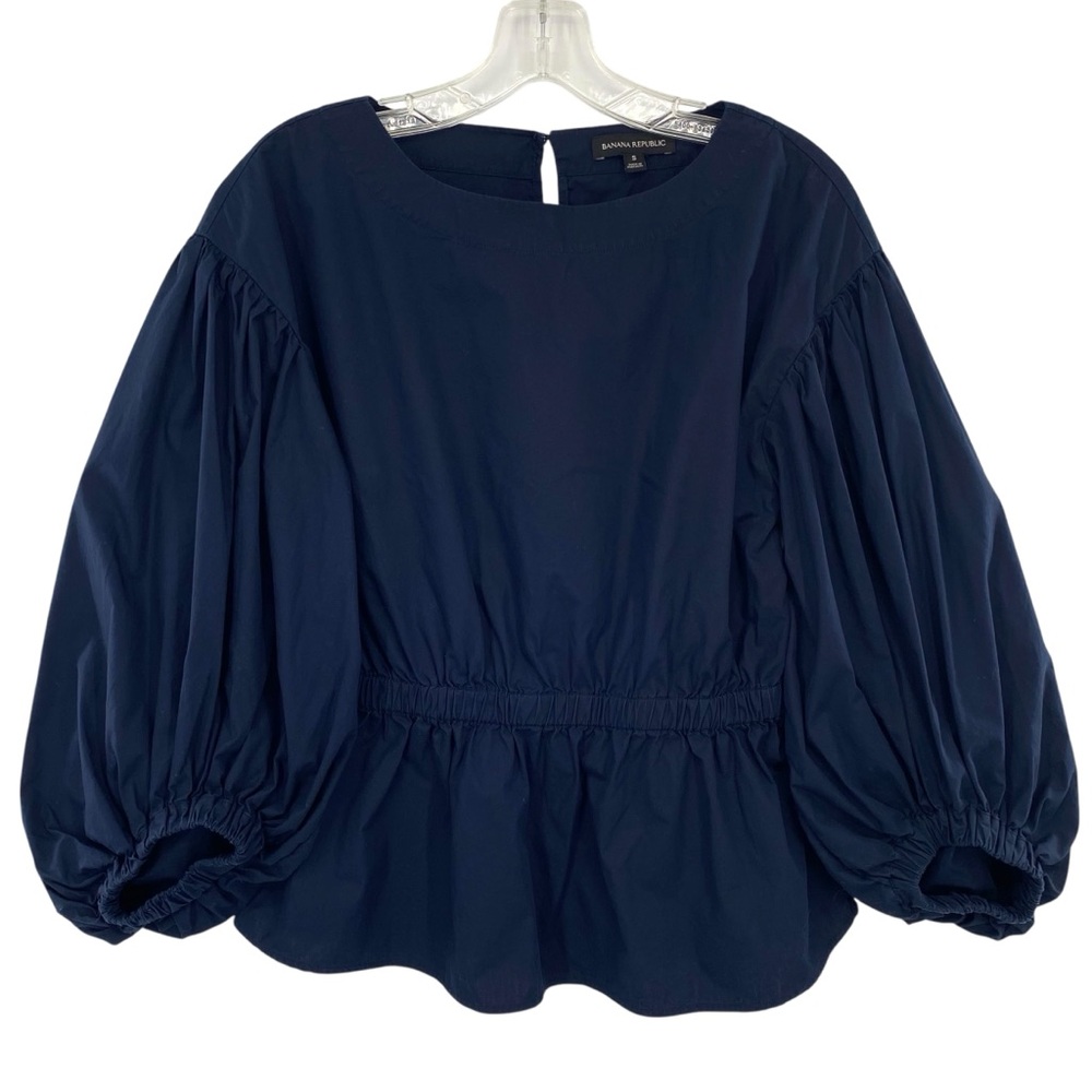 Banana Republic Cinched Waist Bishop Sleeve Top Navy Blue